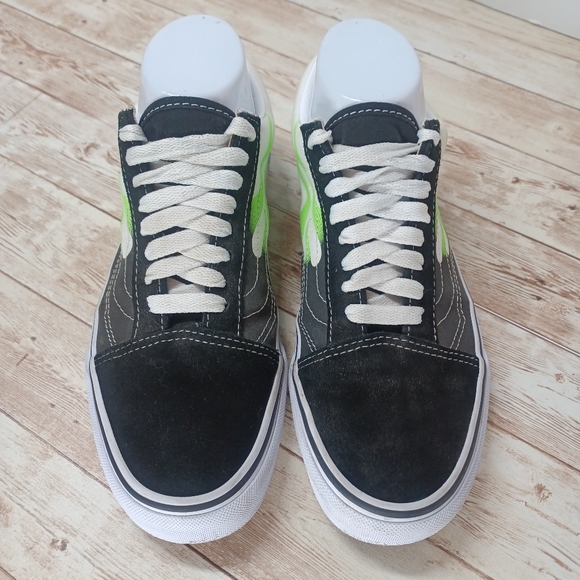 Vans Black White Canvas Neon Green Flames Suede Old Skool Skate Shoes Men's 6.5 - Picture 6 of 10